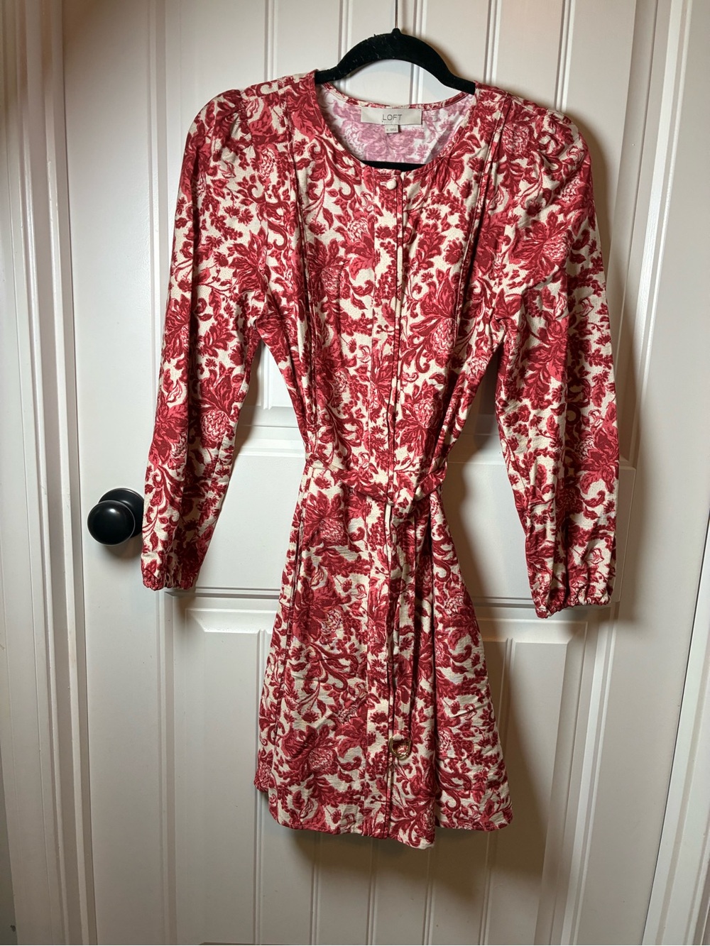 LOFT Red and Cream Floral Tie-Waist Long Sleeve Dress with Button Front